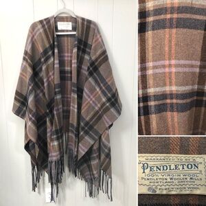 Pendleton 100% Wool Poncho Vintage Brown Plaid Fringe Authentic One Size